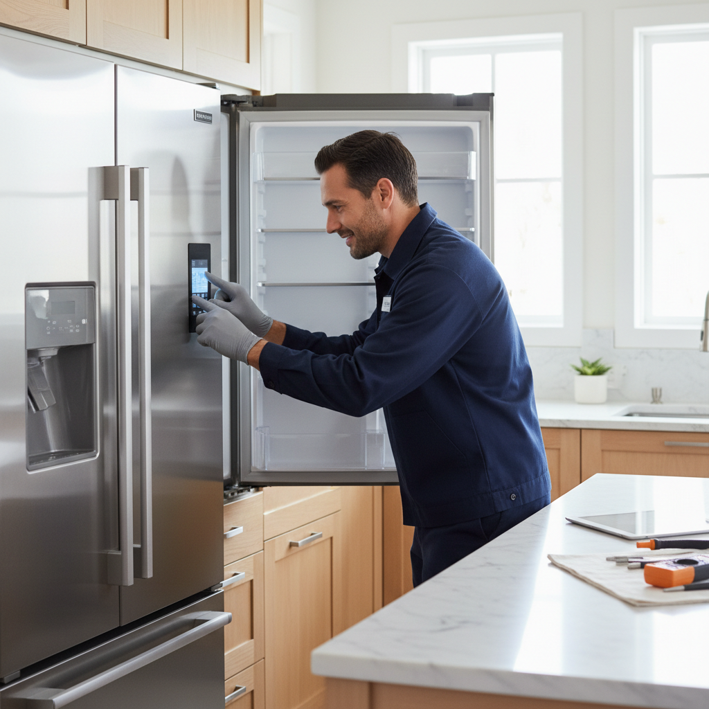 Sub-Zero technician performing diagnostics in a Belmont home