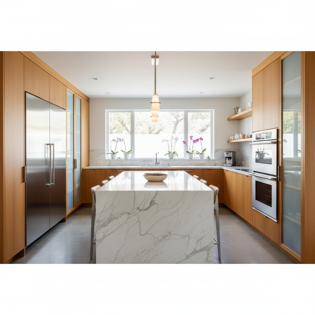 Upscale kitchen with integrated refrigerator in the Belmont service area